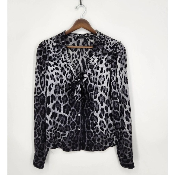 Carlisle Womens Button Blouse Bow Neck Silk Stretch Snow Leopard Print Size 2 - Picture 1 of 4